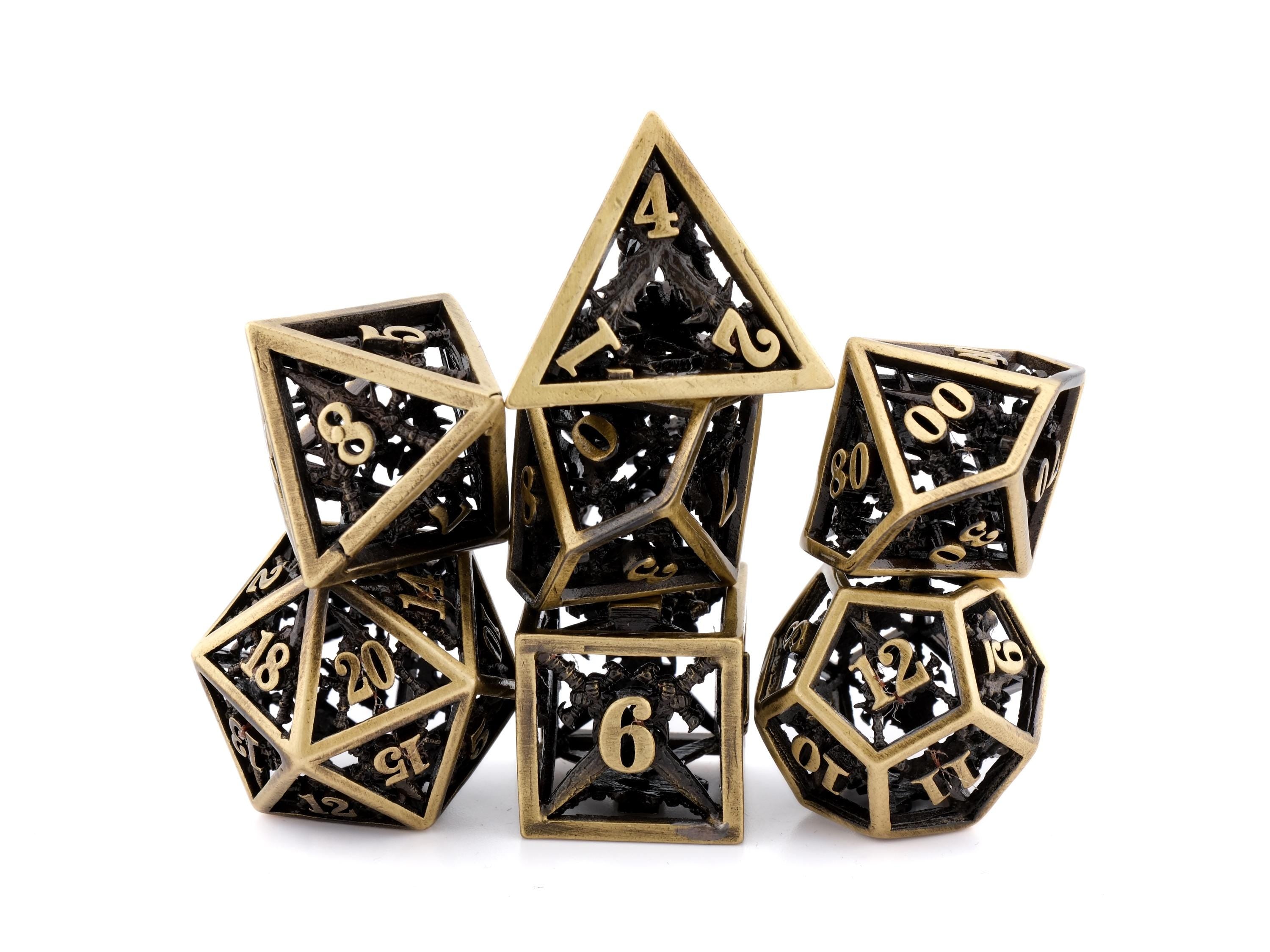Dueling Blades Hollow Metal DnD Dice Set: 7 Piece Crossed Swords RPG Dice