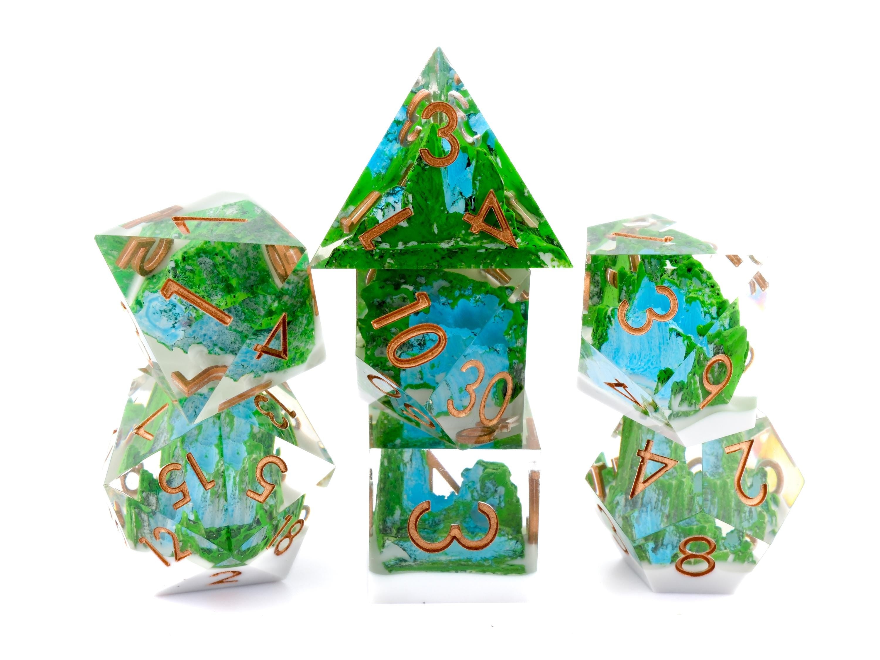 Mountain Waterfall Resin Sharp Edge DnD Dice Set: 7-Piece Nature RPG Dice