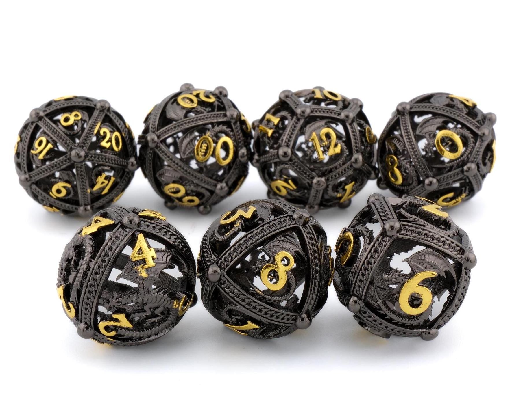 Round Dragon Hollow Metal DnD Dice Set: 7 Piece Orb RPG Dice