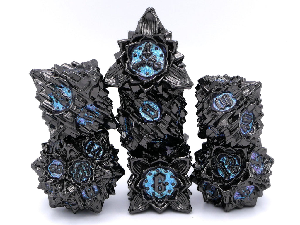 Blooming Flower Metal DnD Dice Set: 7 Piece Plant RPG Dice