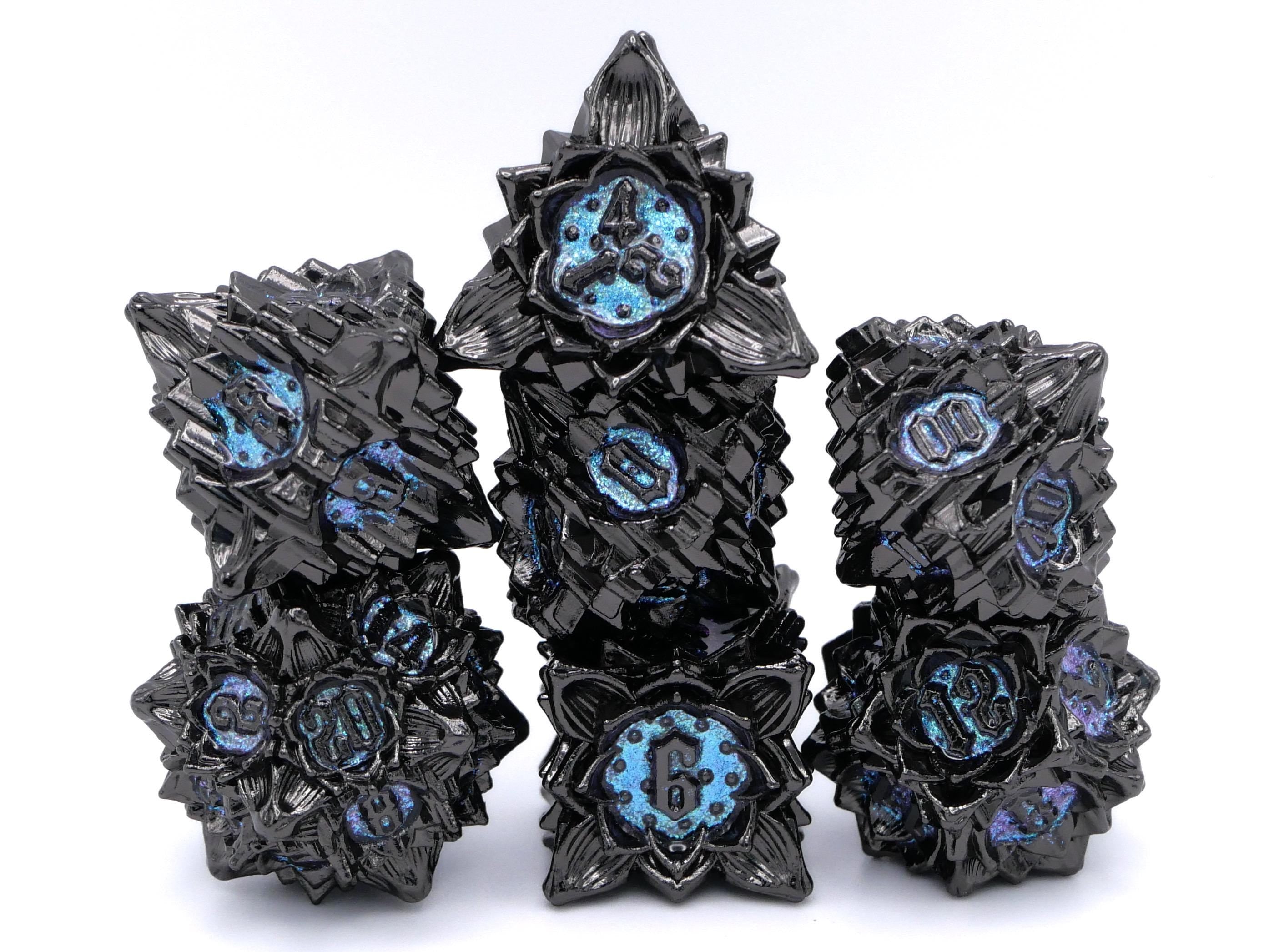 Blooming Flower Metal DnD Dice Set: 7 Piece Plant RPG Dice