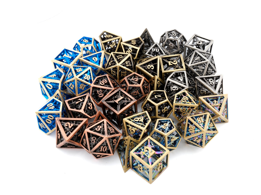 Dueling Blades Hollow Metal DnD Dice Set: 7 Piece Crossed Swords RPG Dice