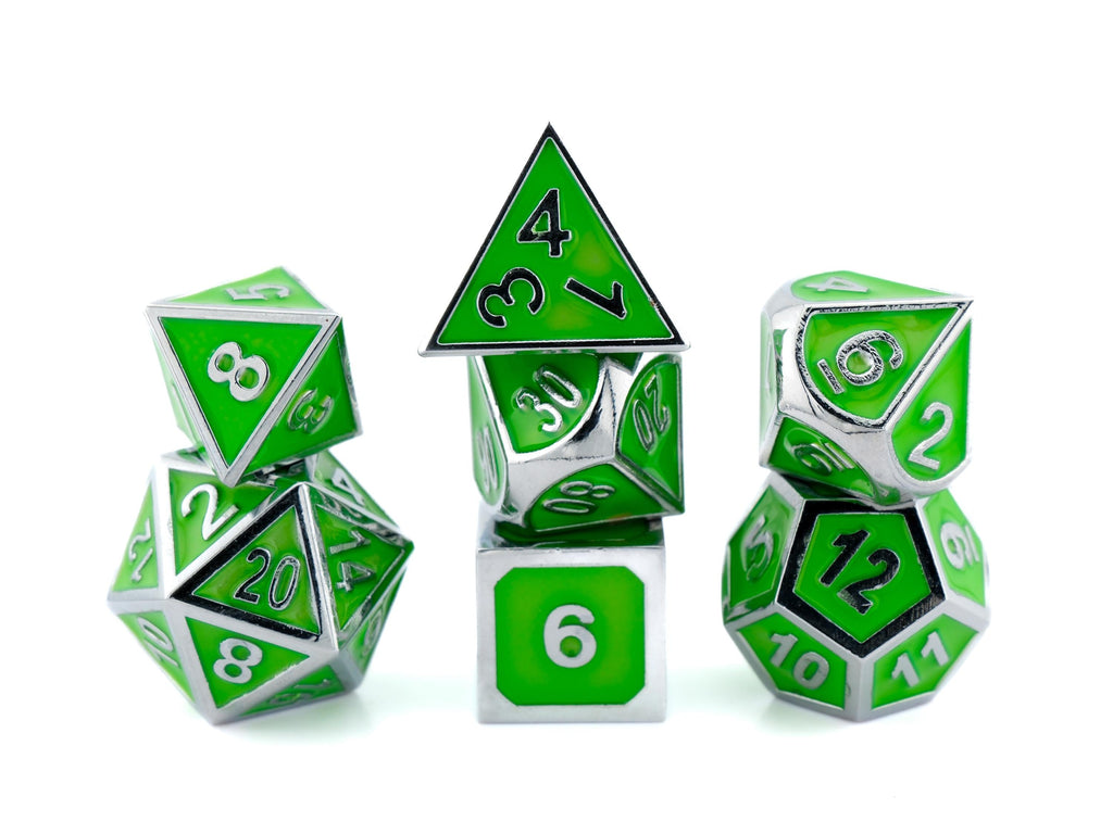 Glow In The Dark Metal Dice Set: 7 Piece Bordered RPG Dice
