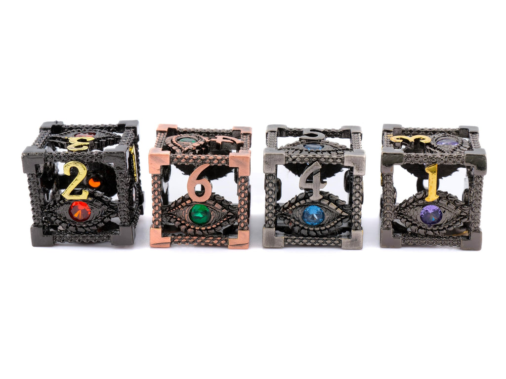 Devil's Eye Hollow Metal DnD Dice Set: 7 Piece Gemstone Infused RPG Dice