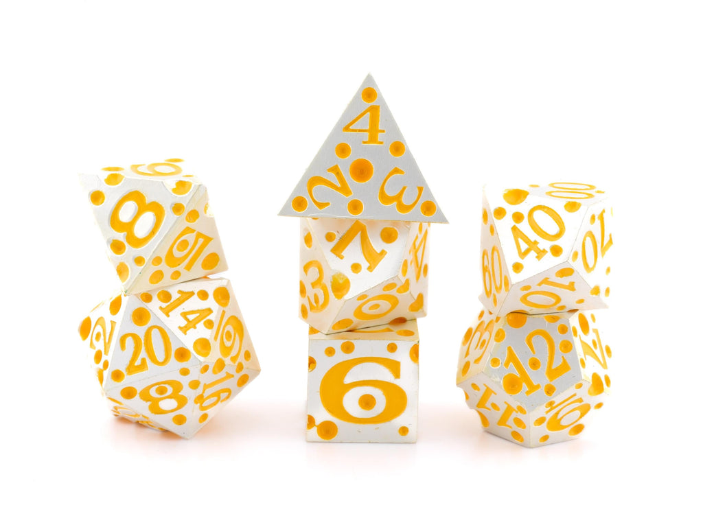 Cheese Metal DnD Dice Set | 7 Piece RPG Dice | Cheese Wheel Dice | Swiss Cheese Dice | Food Dice | Dungeons & Dragons | TTRPG | Gamer Gift