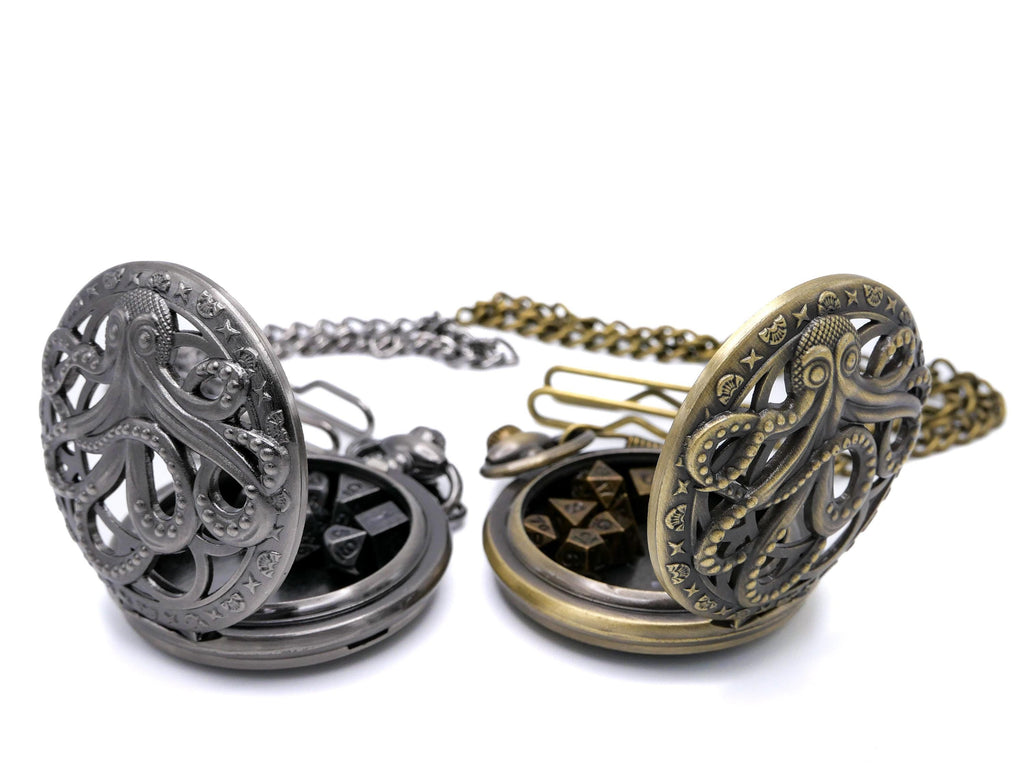 Octopus Pocket Watch Metal DnD Dice Set: Locket 7 Piece RPG Dice