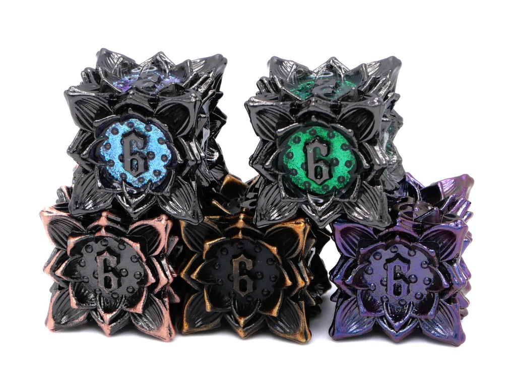 Blooming Flower Metal DnD Dice Set: 7 Piece Plant RPG Dice