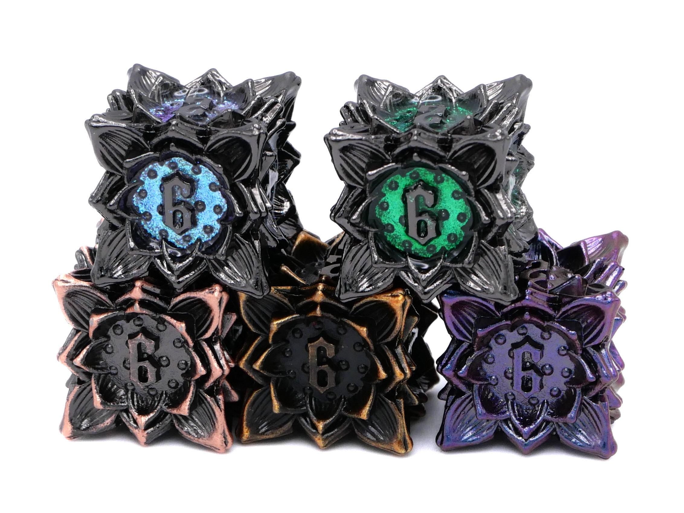 Blooming Flower Metal DnD Dice Set: 7 Piece Plant RPG Dice
