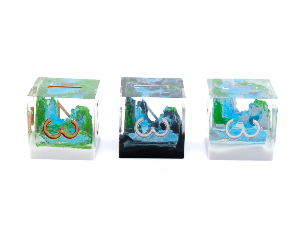 Mountain Waterfall Resin Sharp Edge DnD Dice Set: 7-Piece Nature RPG Dice