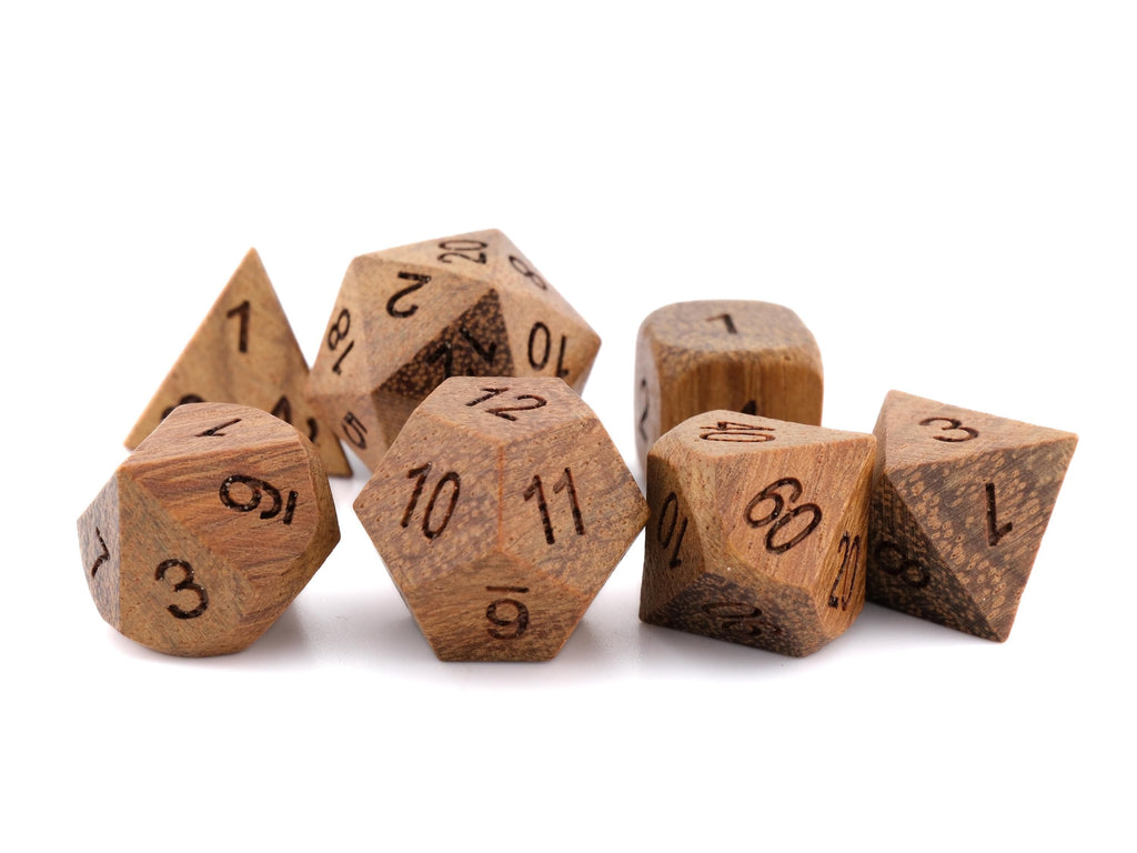 Teak Wood DnD Dice Set: 7 Piece Engraved Numbers RPG Dice