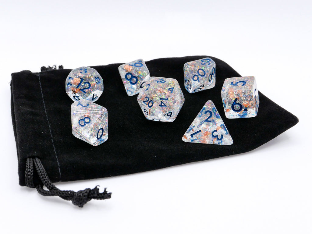 Star Cluster Resin DnD Dice Set: 7 Piece Copper Foil Glitter RPG Dice