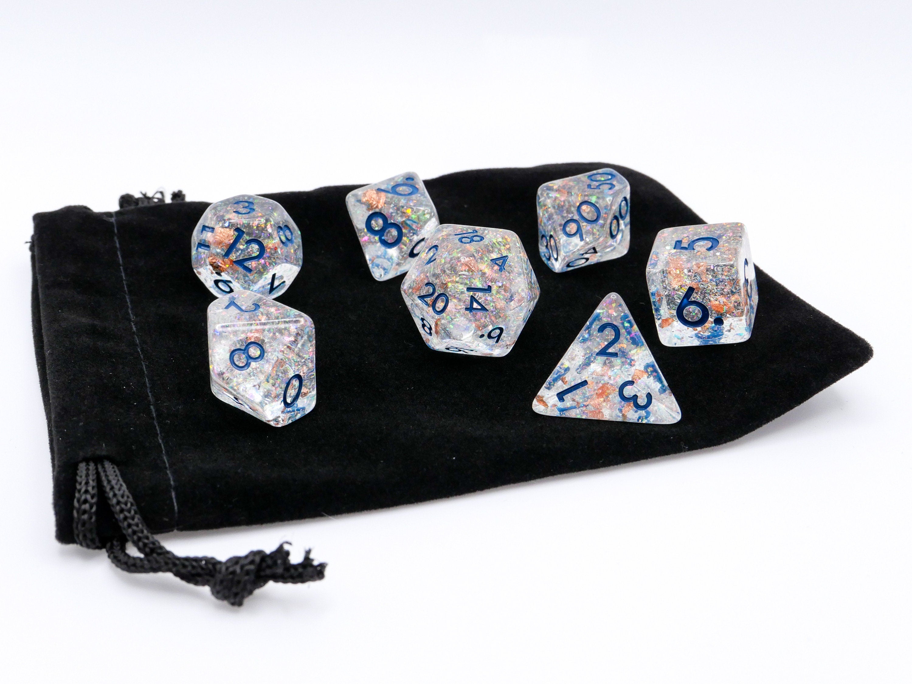 Star Cluster Resin DnD Dice Set: 7 Piece Copper Foil Glitter RPG Dice