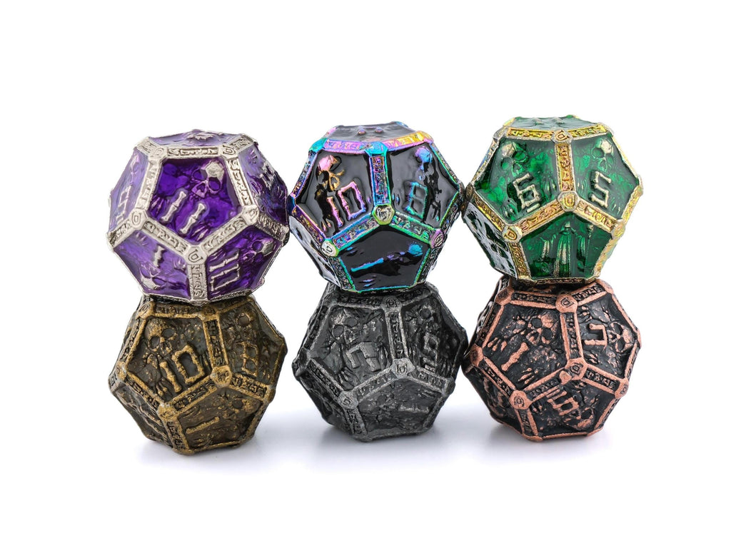Cleric Metal DnD Dice Set: 7 Piece Skulls and Holy Symbols RPG Dice