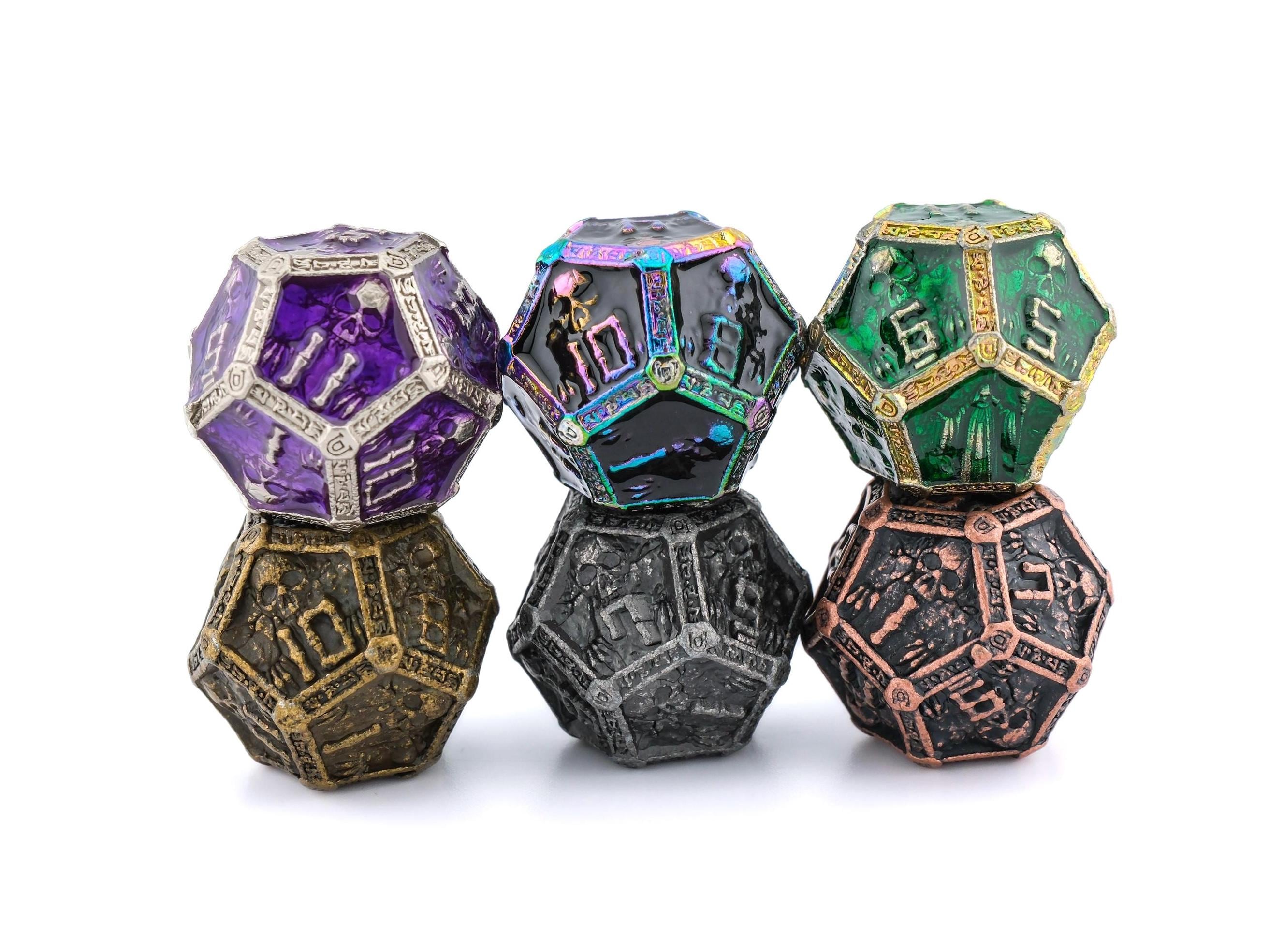 Cleric Metal DnD Dice Set: 7 Piece Skulls and Holy Symbols RPG Dice