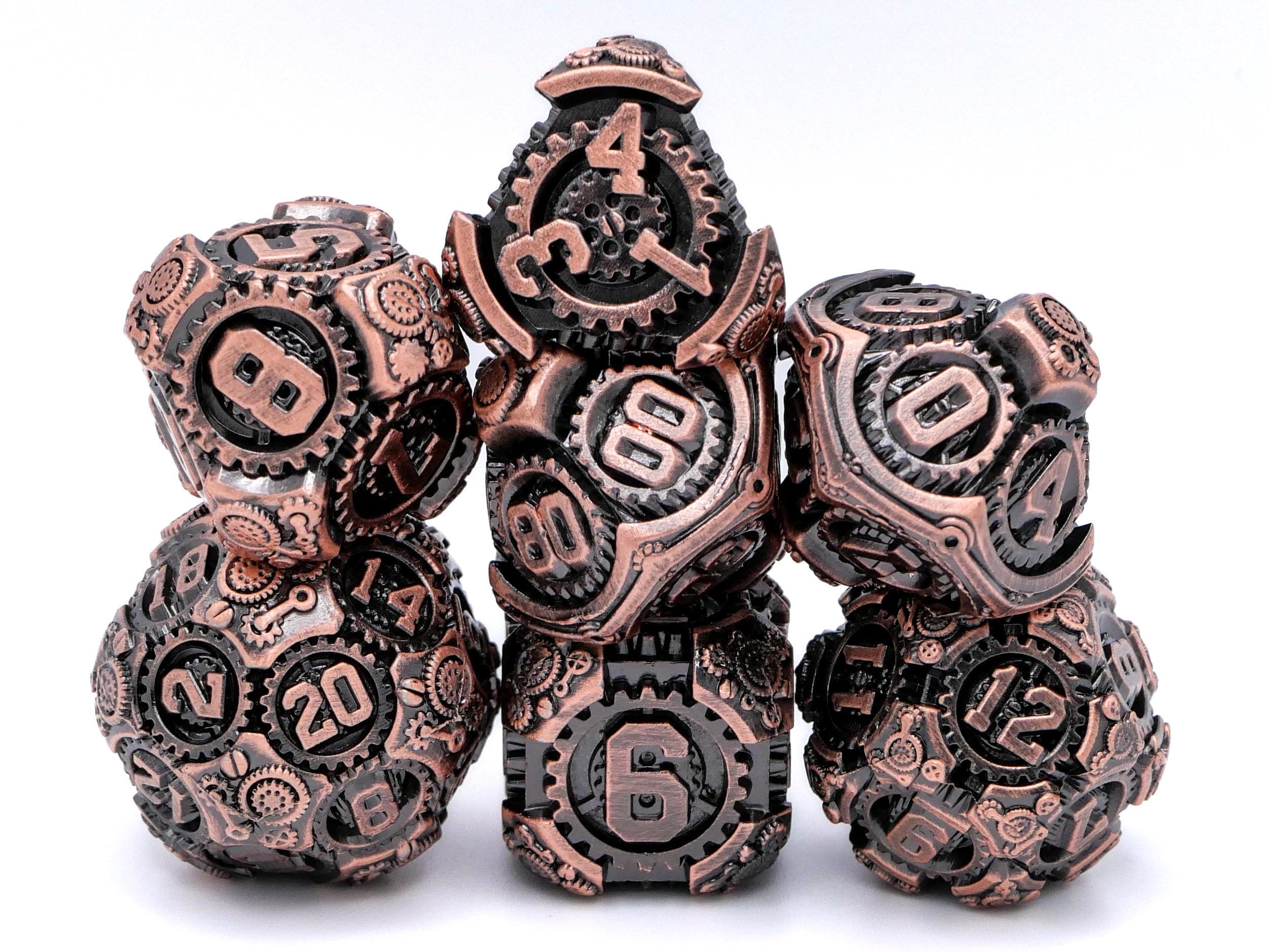 Steampunk Gear Metal DnD Dice Set: 7 Piece Mechanical RPG Dice