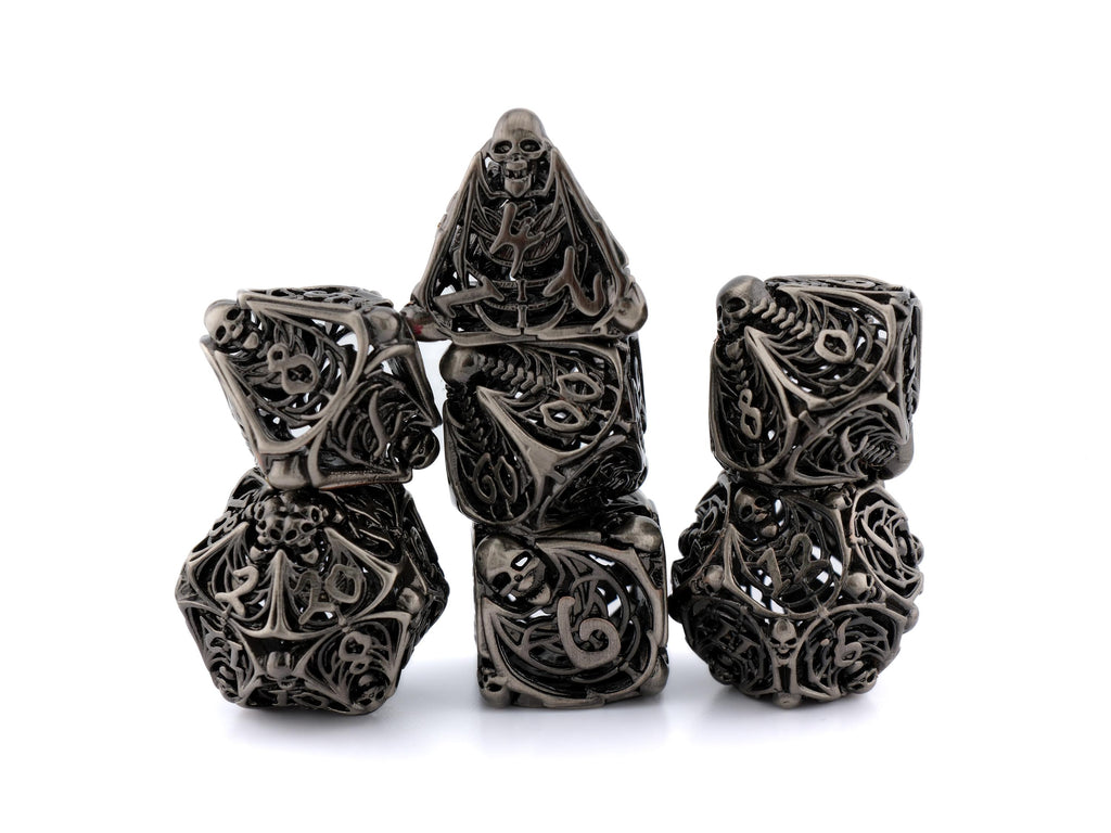 Skull and Bones Hollow Metal DnD Dice Set: 7 Piece Skeleton RPG Dice
