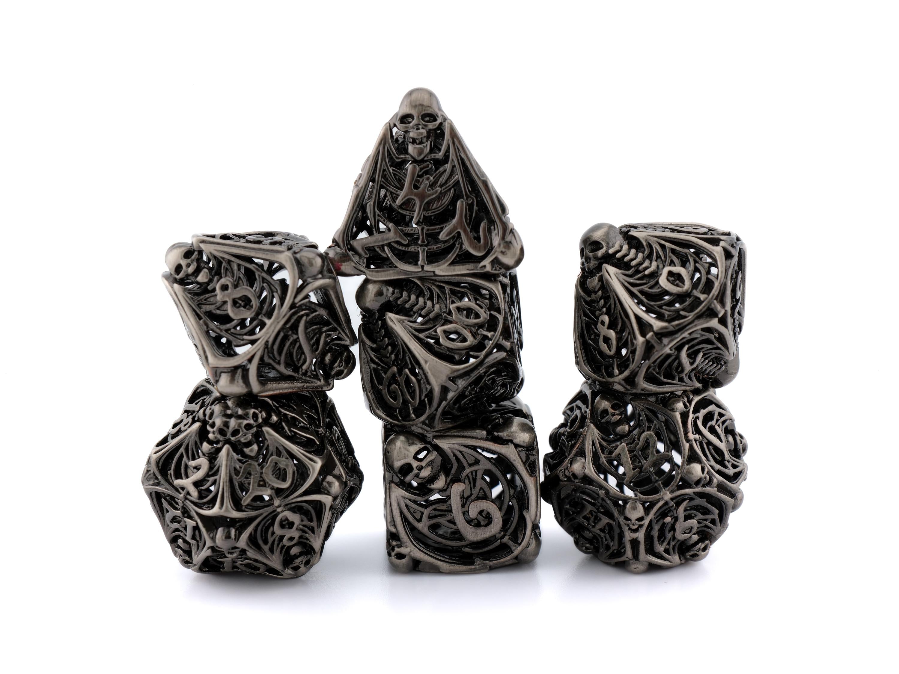 Skull and Bones Hollow Metal DnD Dice Set: 7 Piece Skeleton RPG Dice