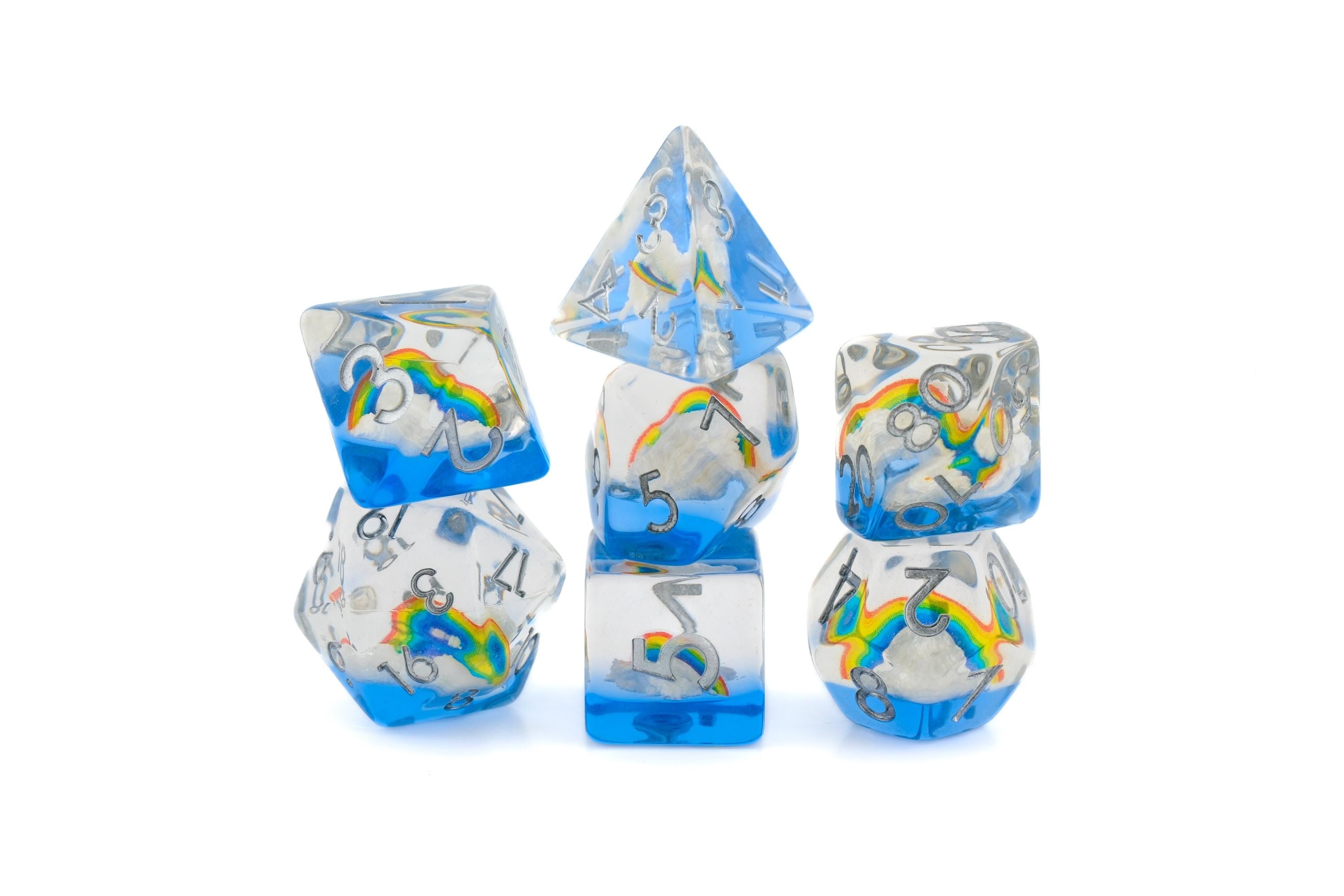 Rainbow Cloud Resin DnD Dice Set: 7 Piece RPG Dice