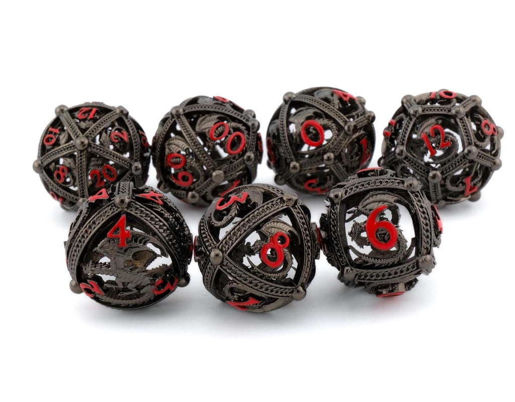 Round Dragon Hollow Metal DnD Dice Set: 7 Piece Orb RPG Dice