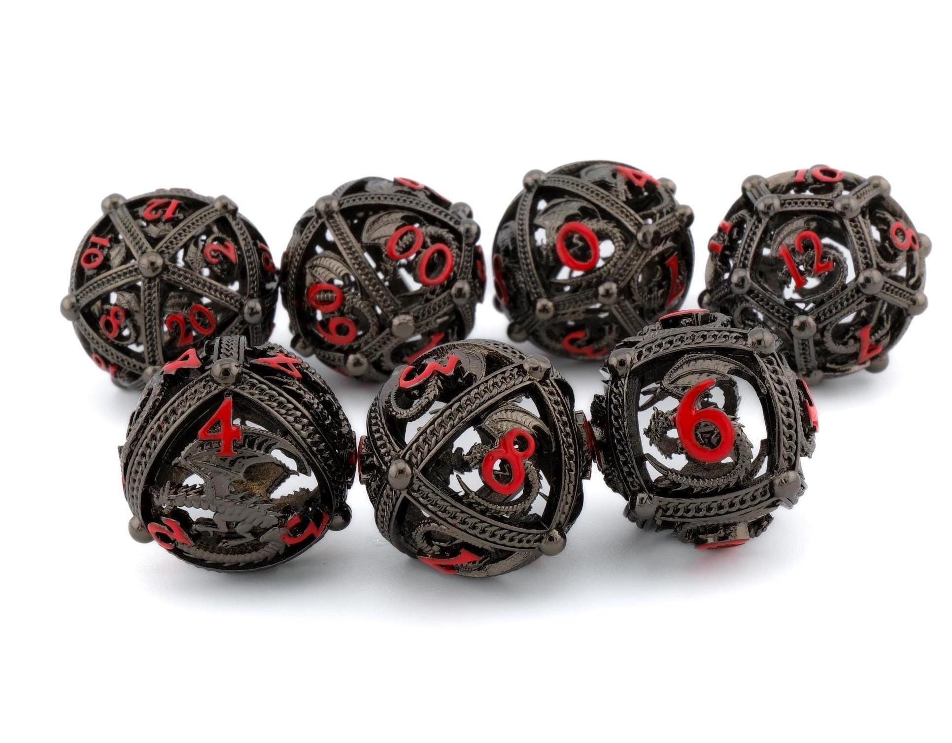 Round Dragon Hollow Metal DnD Dice Set: 7 Piece Orb RPG Dice