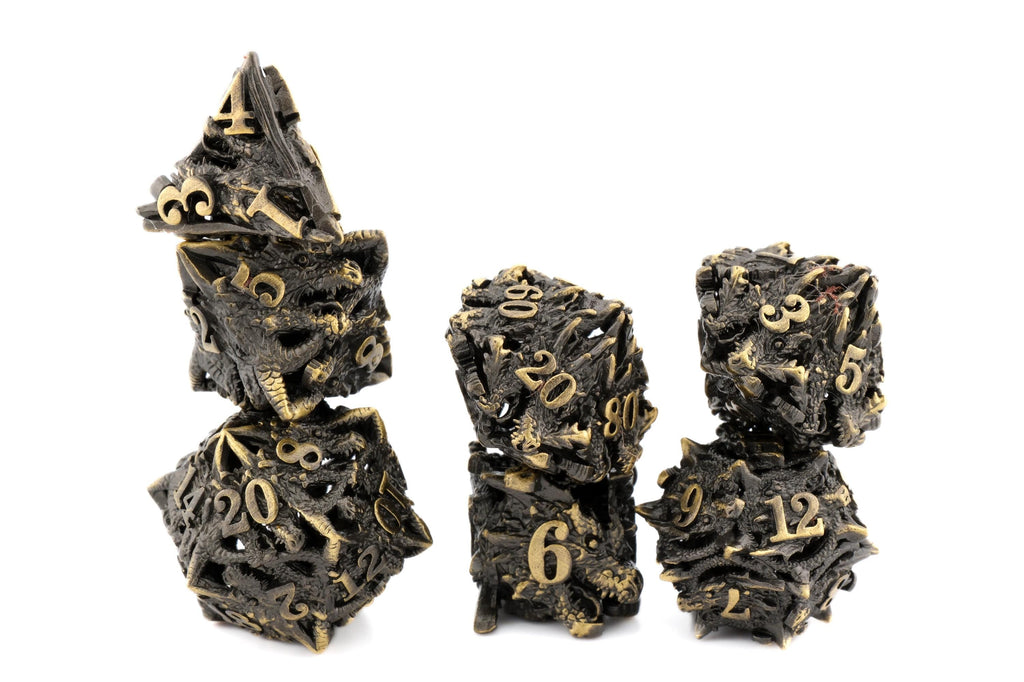Carved Dragon Head Metal DnD Dice Set - 7-Piece Wyvern RPG Dice