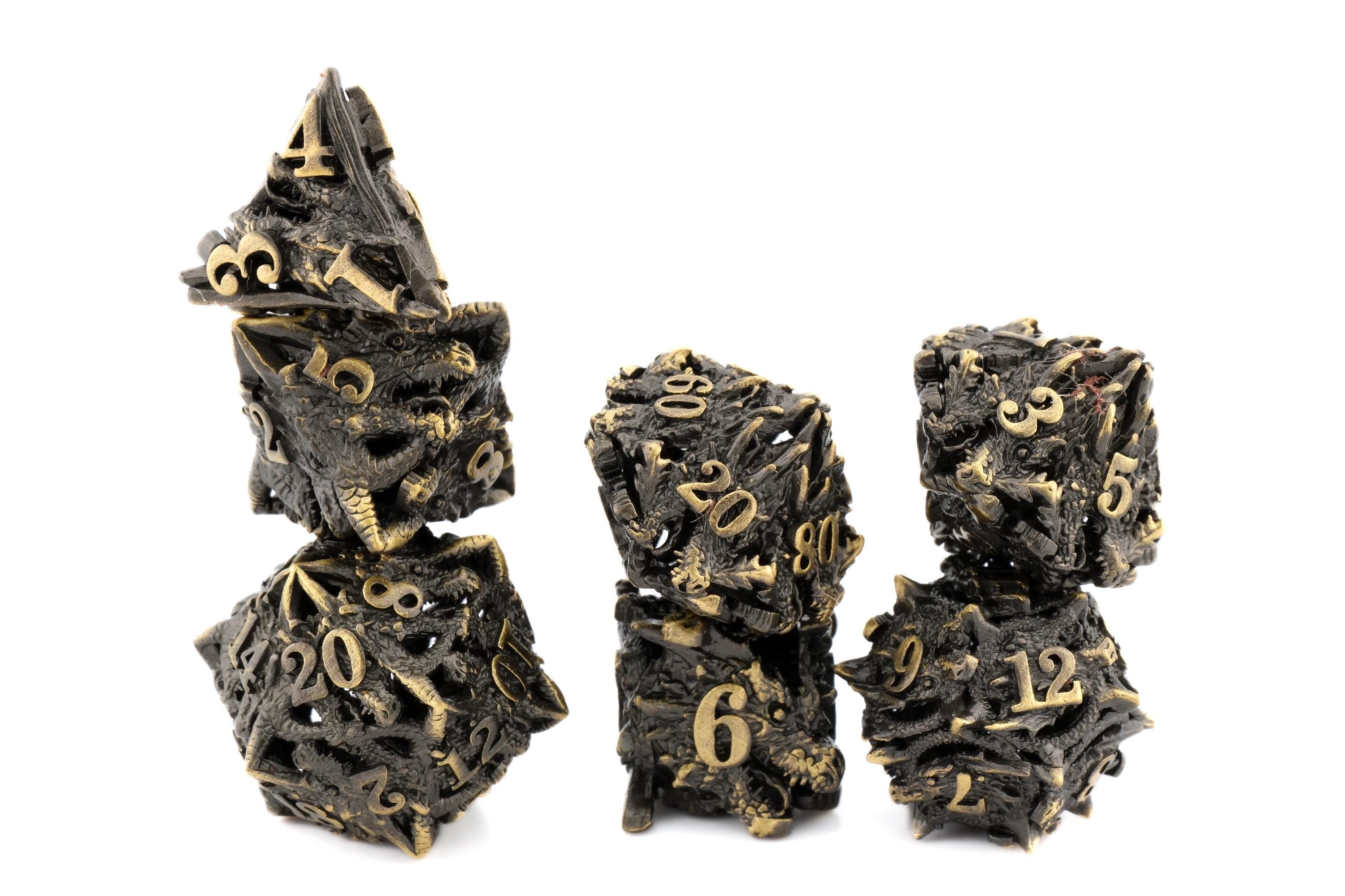 Carved Dragon Head Metal DnD Dice Set - 7-Piece Wyvern RPG Dice