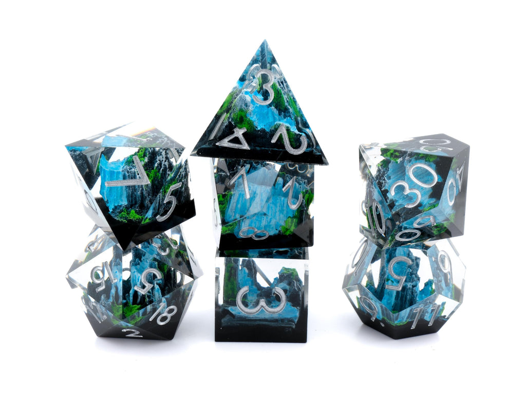 Mountain Waterfall Resin Sharp Edge DnD Dice Set: 7-Piece Nature RPG Dice