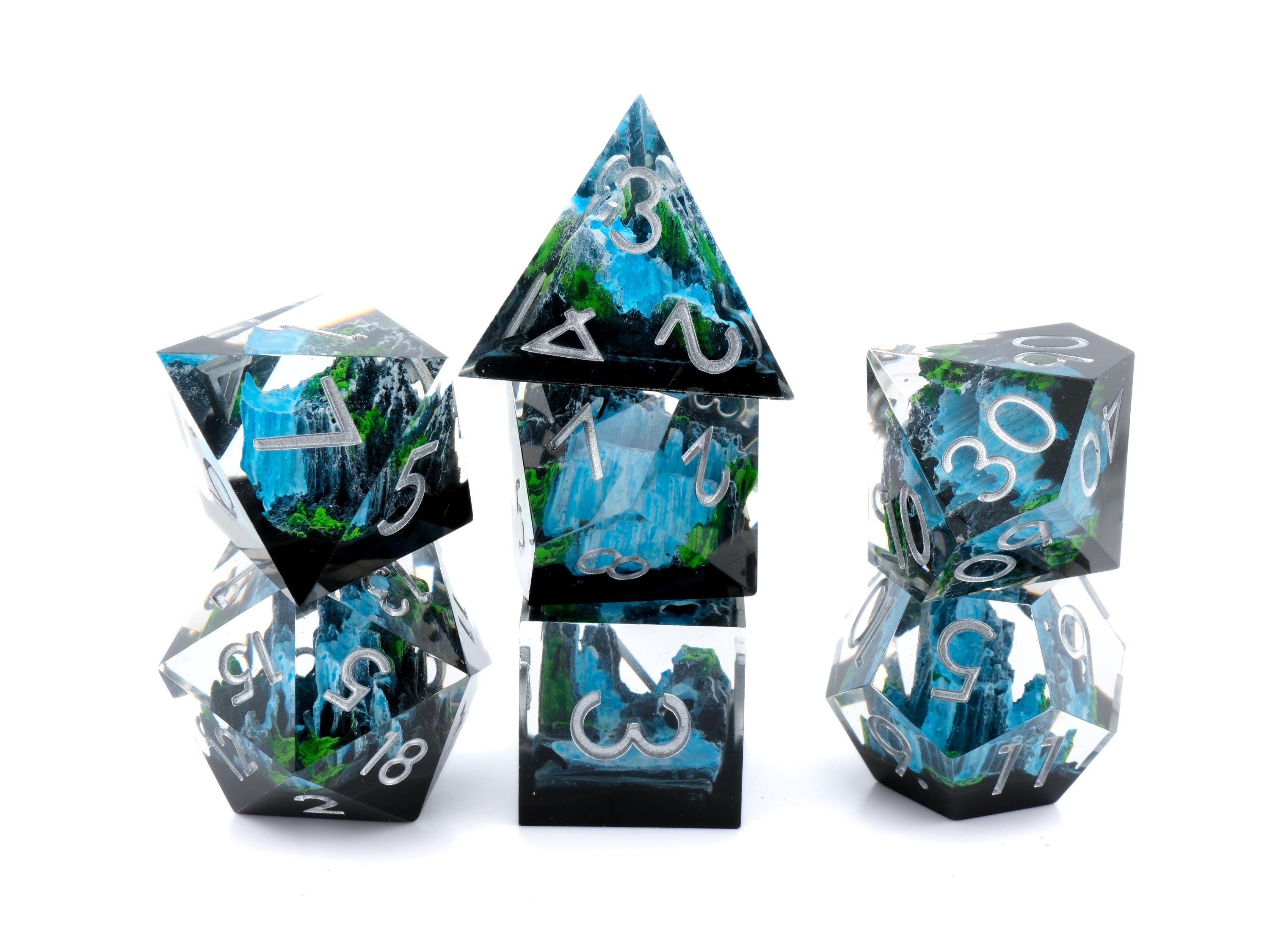 Mountain Waterfall Resin Sharp Edge DnD Dice Set: 7-Piece Nature RPG Dice