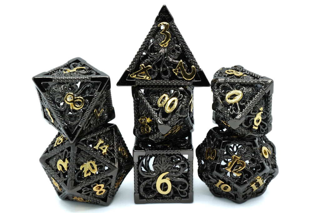 Octopus Hollow Metal DnD Dice Set: 7-Piece Oceanic Cthulhu RPG Dice