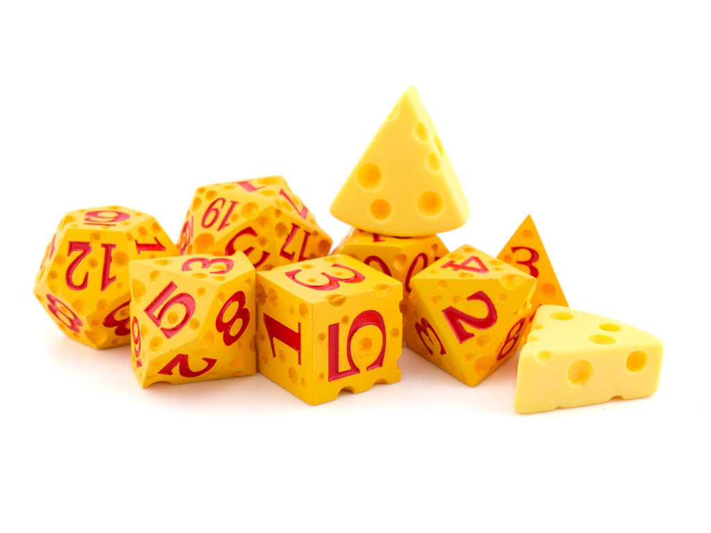 Cheese Metal DnD Dice Set | 7 Piece RPG Dice | Cheese Wheel Dice | Swiss Cheese Dice | Food Dice | Dungeons & Dragons | TTRPG | Gamer Gift