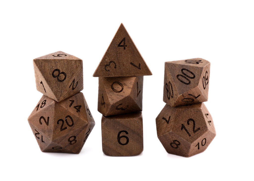 Black Walnut Wood DnD Dice Set: 7 Piece Engraved RPG Dice