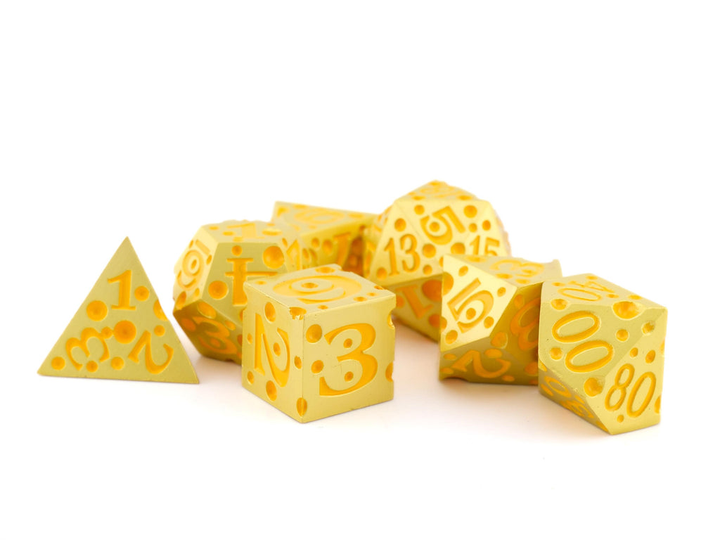 Cheese Metal DnD Dice Set | 7 Piece RPG Dice | Cheese Wheel Dice | Swiss Cheese Dice | Food Dice | Dungeons & Dragons | TTRPG | Gamer Gift