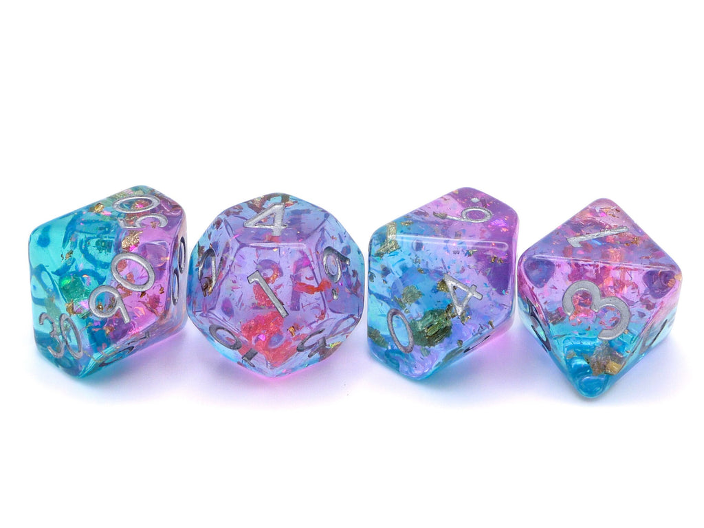 Cosmic Pink and Blue Resin DnD Dice Set: Gold Leaf Foil RPG Dice
