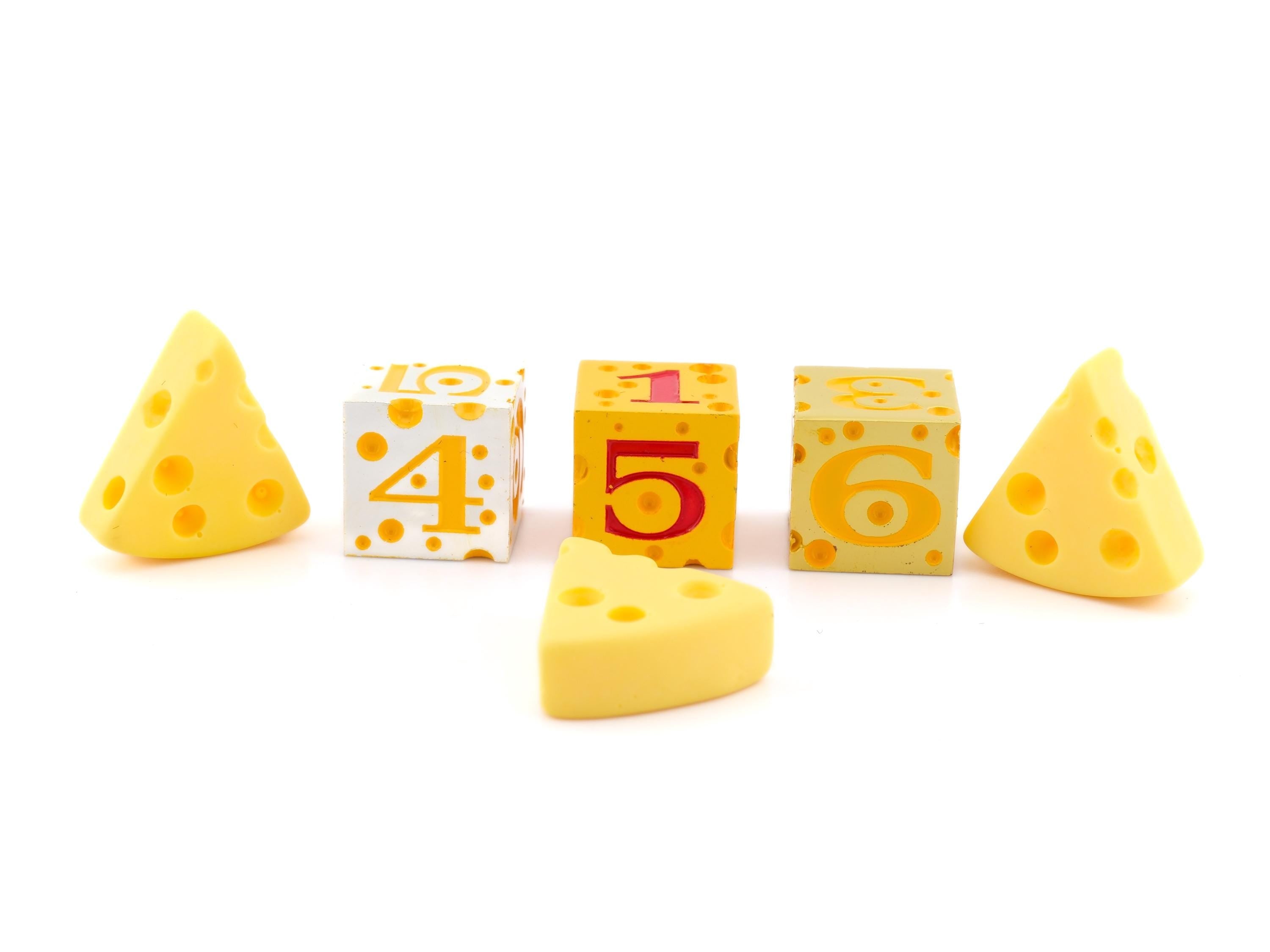 Cheese Metal DnD Dice Set | 7 Piece RPG Dice | Cheese Wheel Dice | Swiss Cheese Dice | Food Dice | Dungeons & Dragons | TTRPG | Gamer Gift
