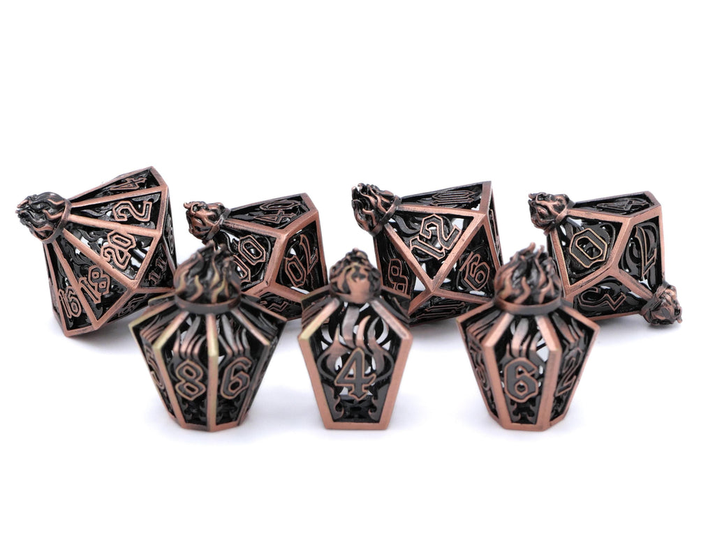 Flame Bottle Hollow Metal DnD Dice Set: 7 Piece Lantern RPG Dice