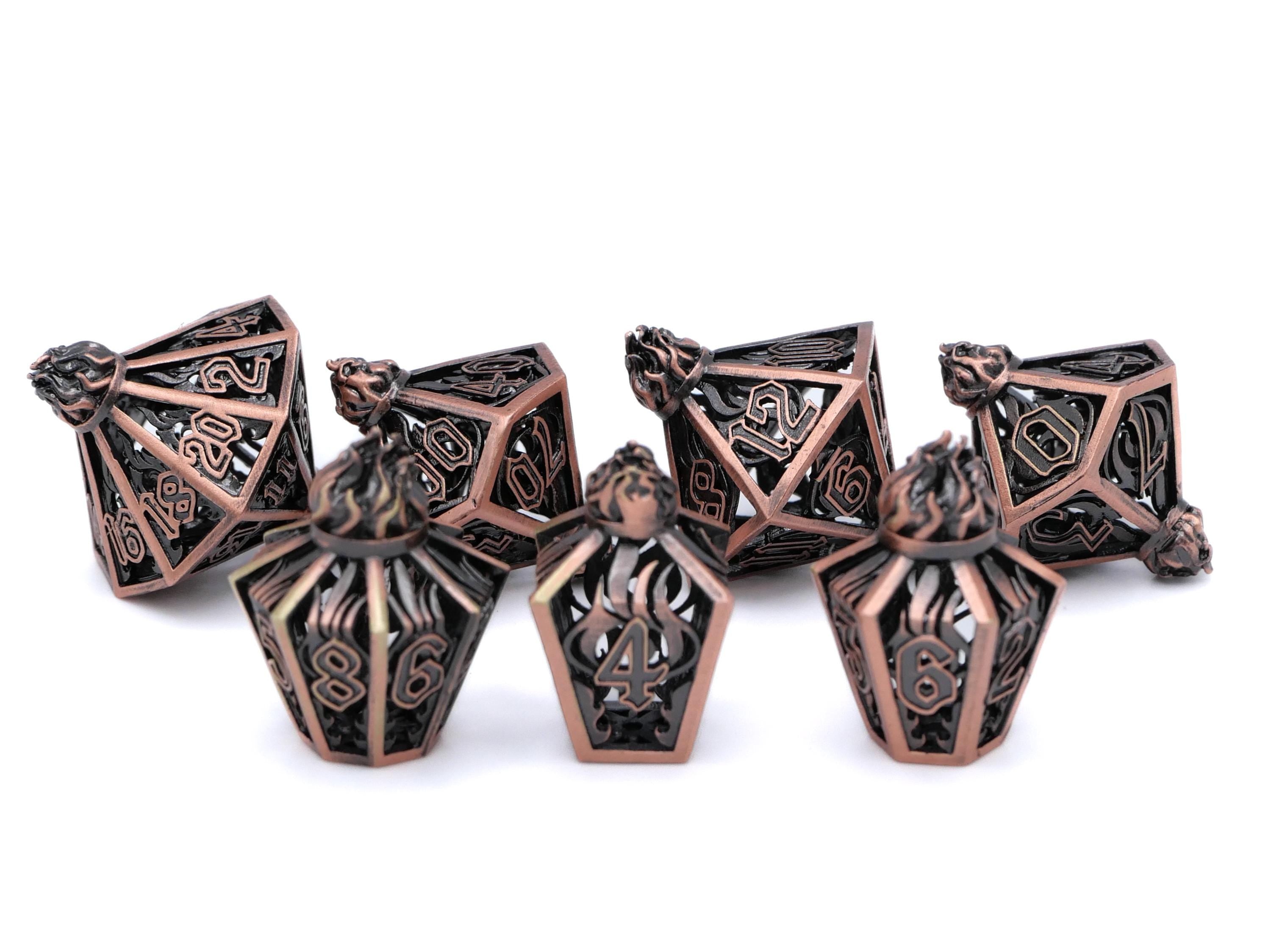 Flame Bottle Hollow Metal DnD Dice Set: 7 Piece Lantern RPG Dice