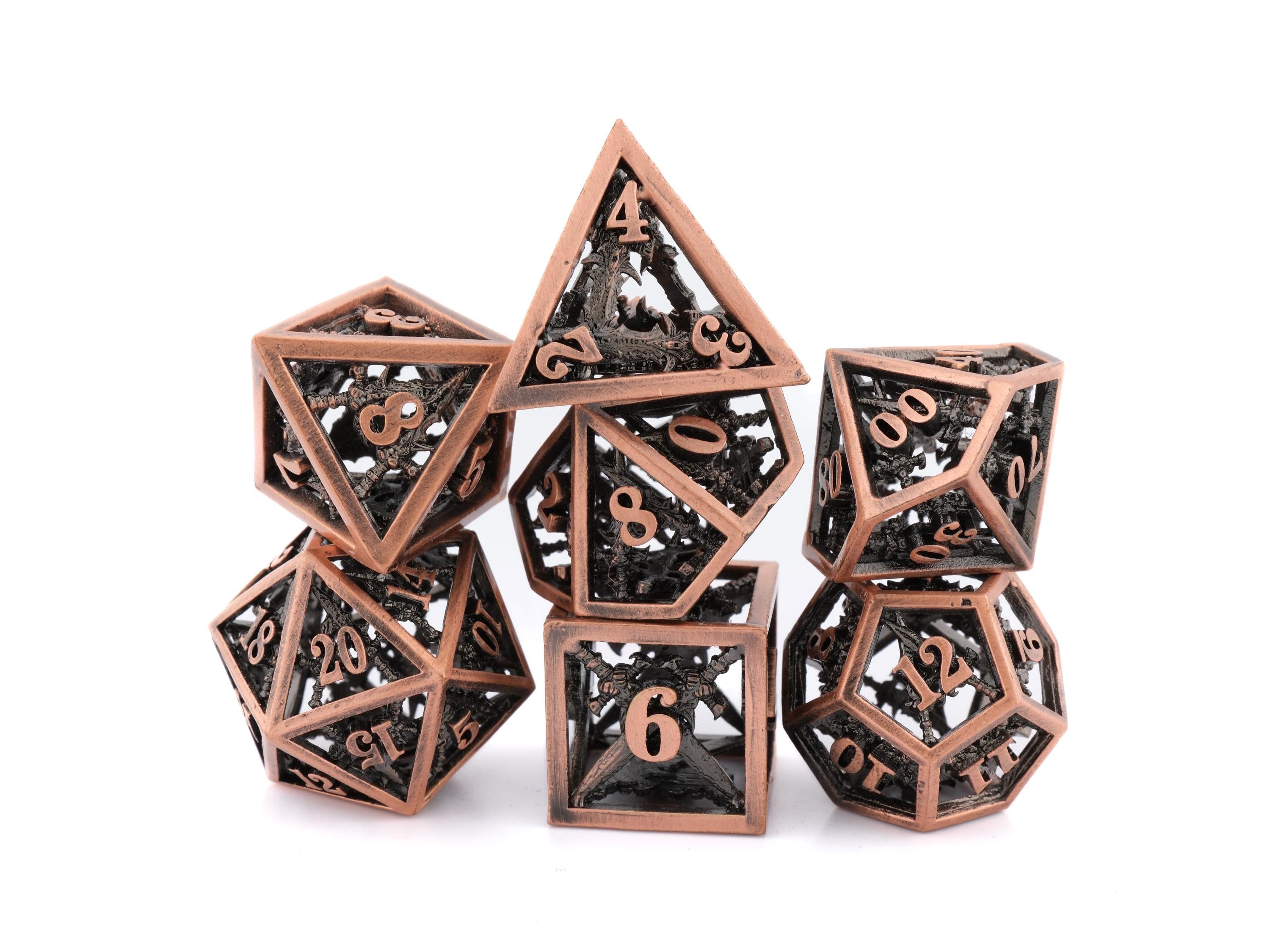 Dueling Blades Hollow Metal DnD Dice Set: 7 Piece Crossed Swords RPG Dice