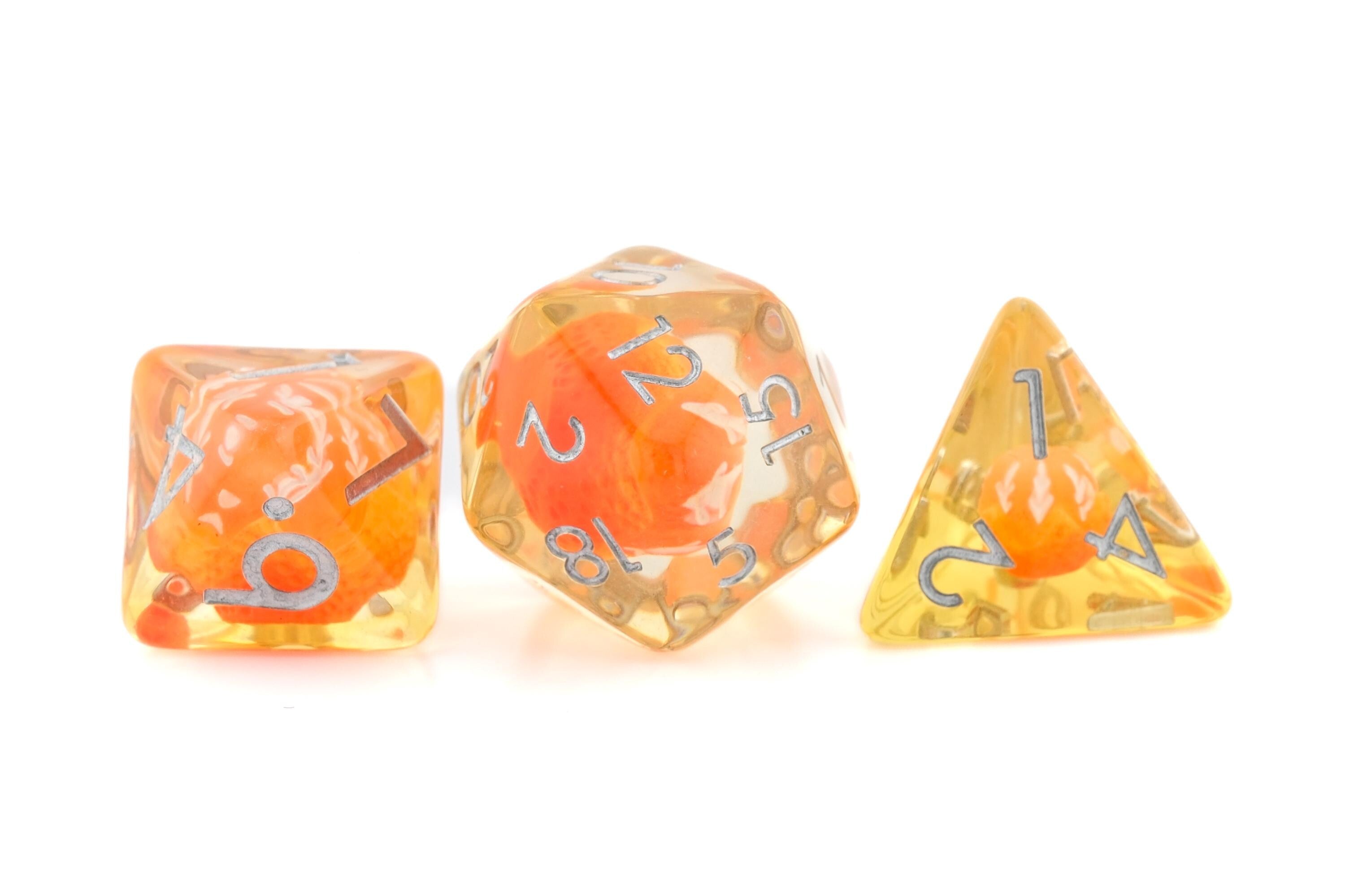 Orange Resin DnD Dice Set: 7 Piece Fruit RPG Dice