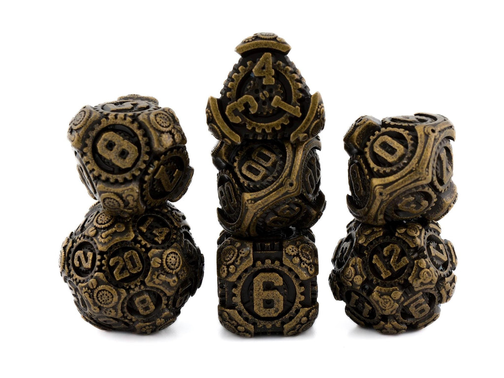 Steampunk Gear Metal DnD Dice Set: 7 Piece Mechanical RPG Dice