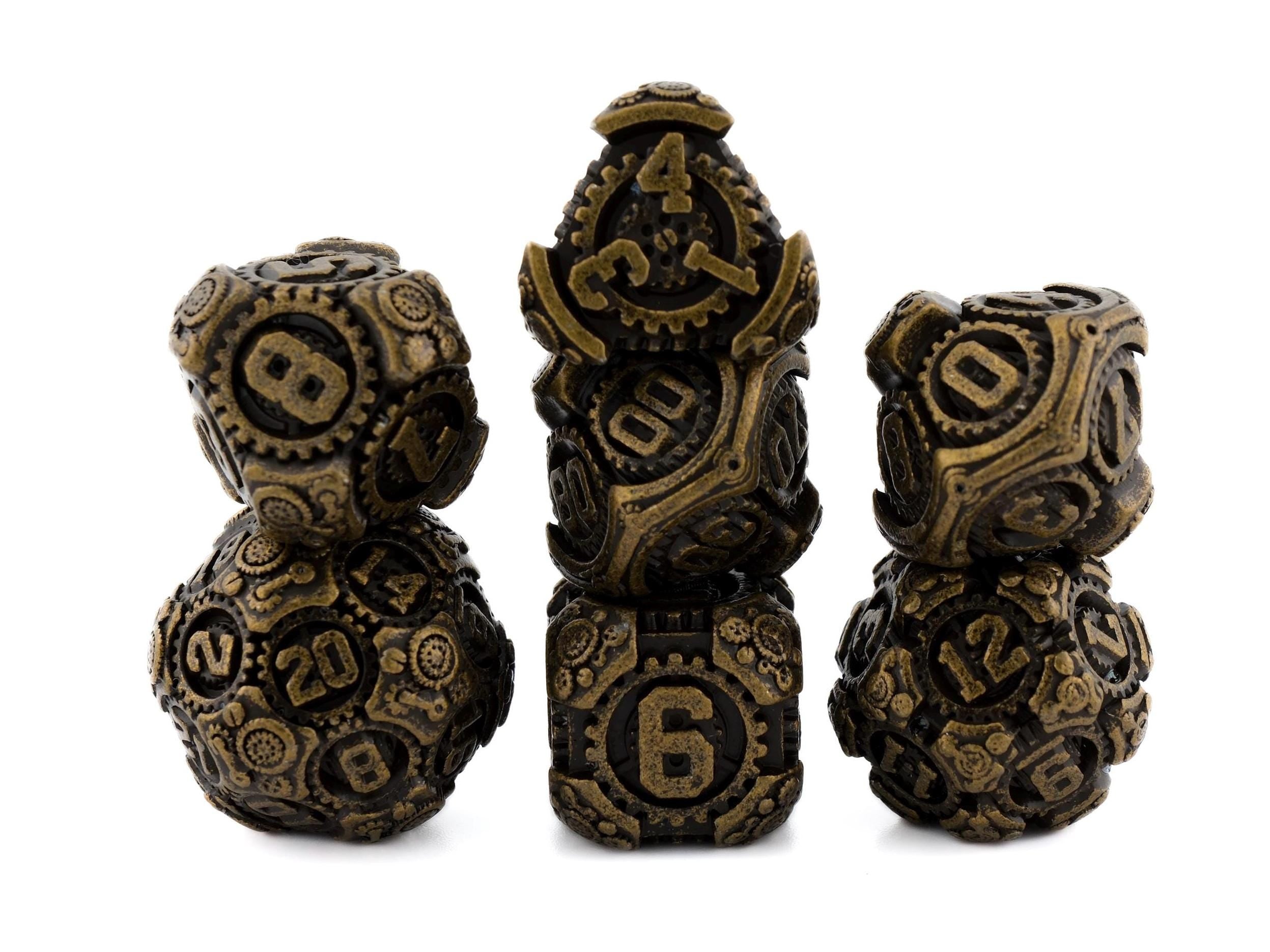 Steampunk Gear Metal DnD Dice Set: 7 Piece Mechanical RPG Dice
