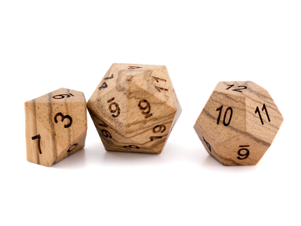 Zebra Wood DnD Dice Set: 7 Piece Engraved Numbers RPG Dice