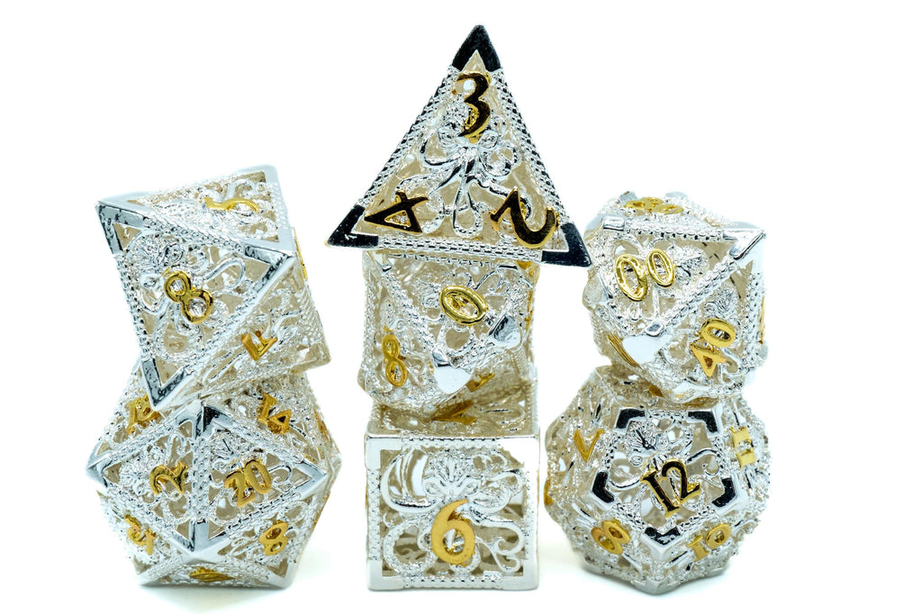 Octopus Hollow Metal DnD Dice Set: 7-Piece Oceanic Cthulhu RPG Dice