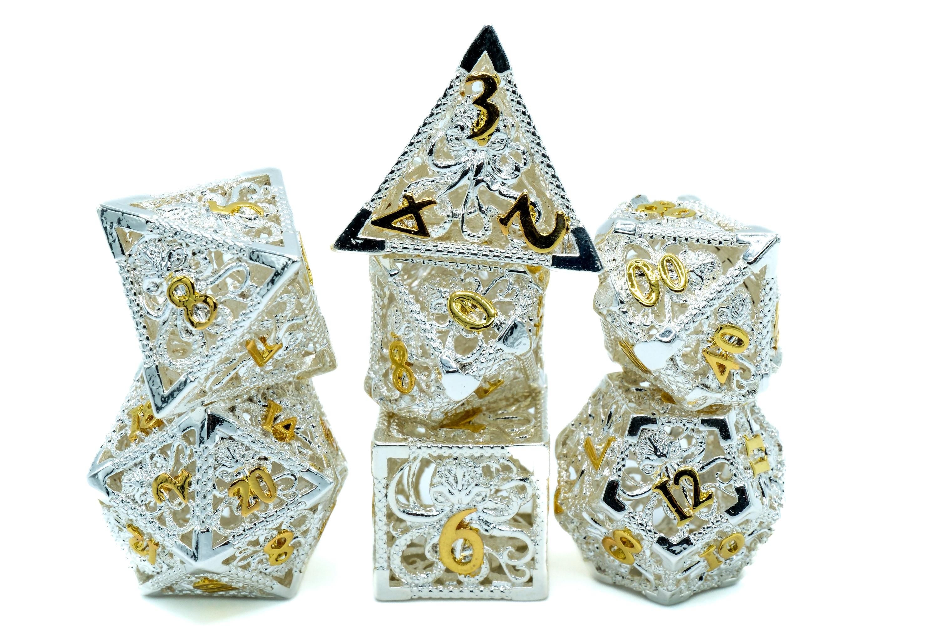 Octopus Hollow Metal DnD Dice Set: 7-Piece Oceanic Cthulhu RPG Dice