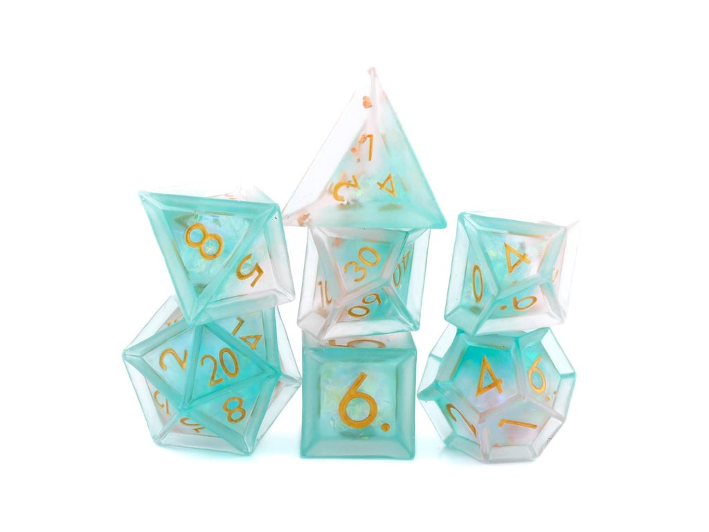 Glacier Resin Sharp Edge DnD Dice Set: 7 Piece Translucent RPG Dice