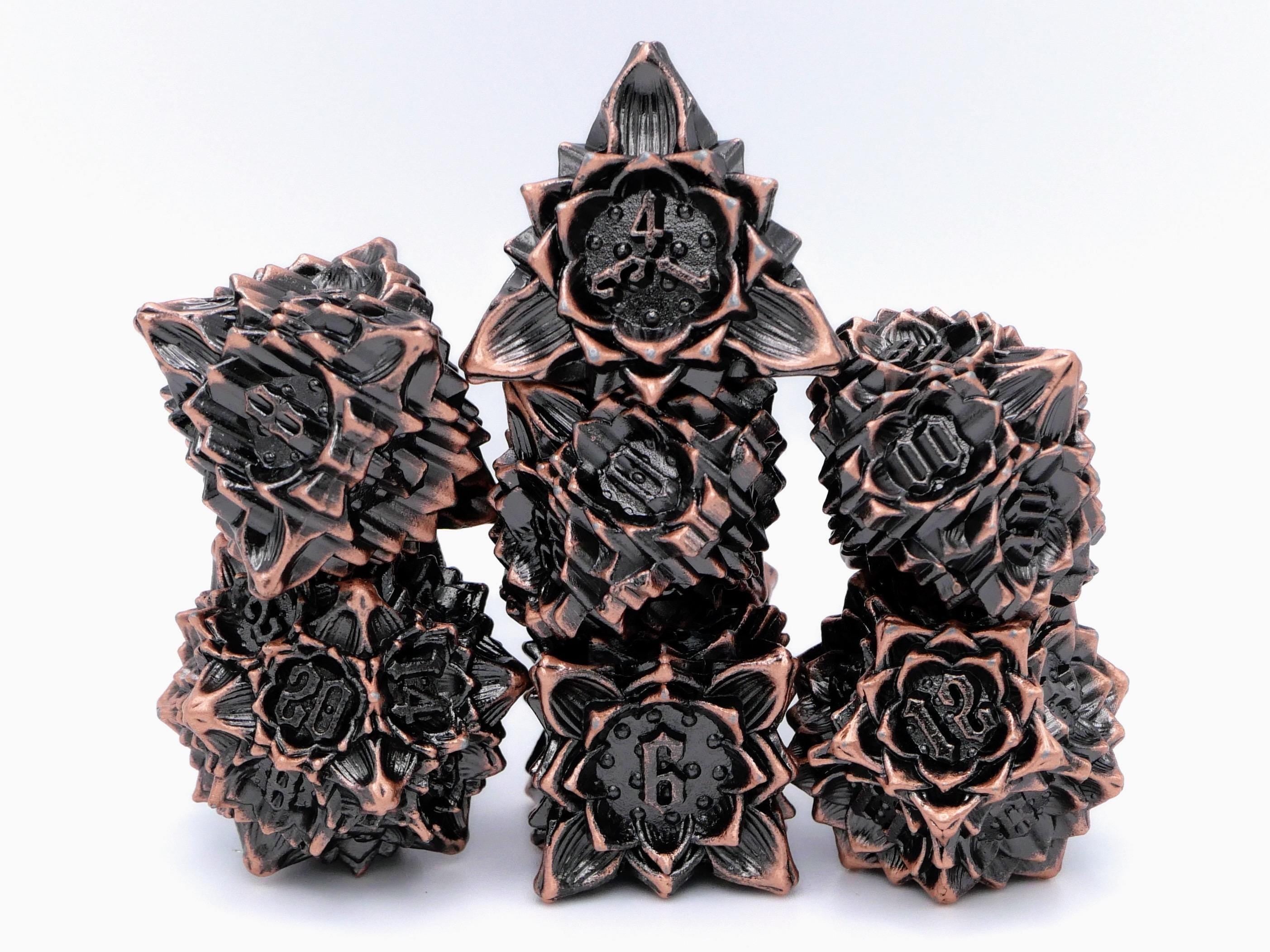 Blooming Flower Metal DnD Dice Set: 7 Piece Plant RPG Dice