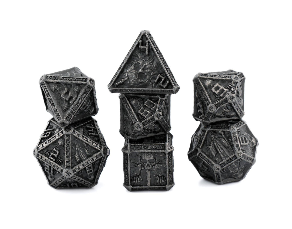Cleric Metal DnD Dice Set: 7 Piece Skulls and Holy Symbols RPG Dice