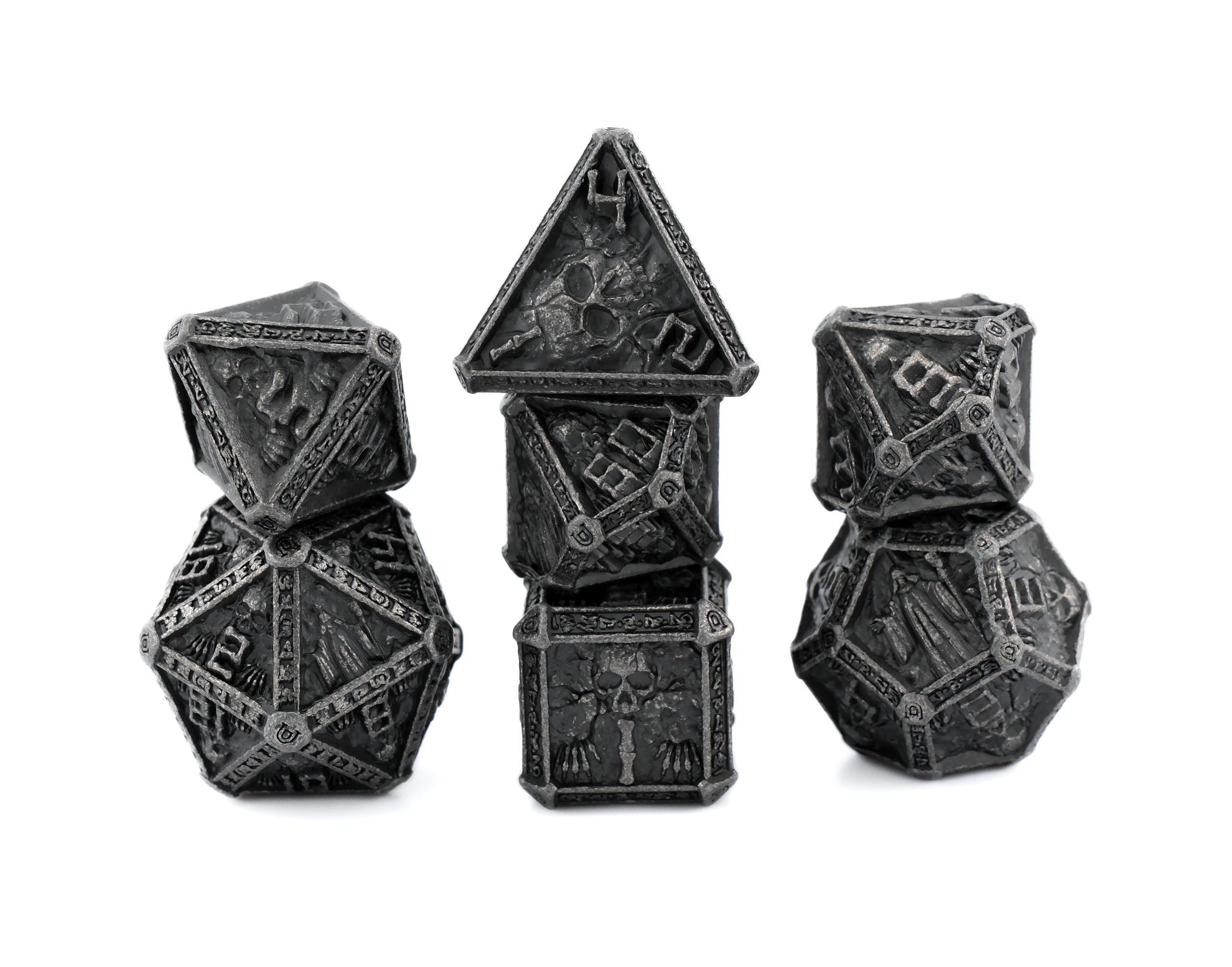 Cleric Metal DnD Dice Set: 7 Piece Skulls and Holy Symbols RPG Dice