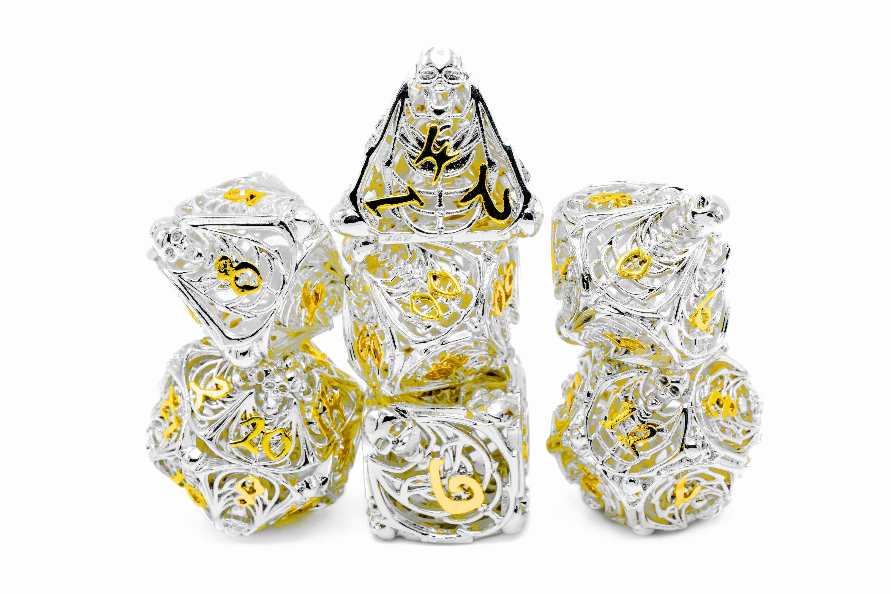Skull and Bones Hollow Metal DnD Dice Set: 7 Piece Skeleton RPG Dice