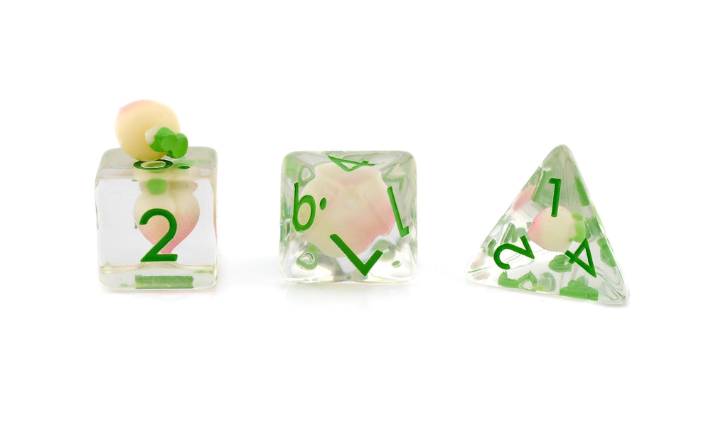 Peach Resin DnD Dice Set: 7-Piece Pink Fruit RPG Dice
