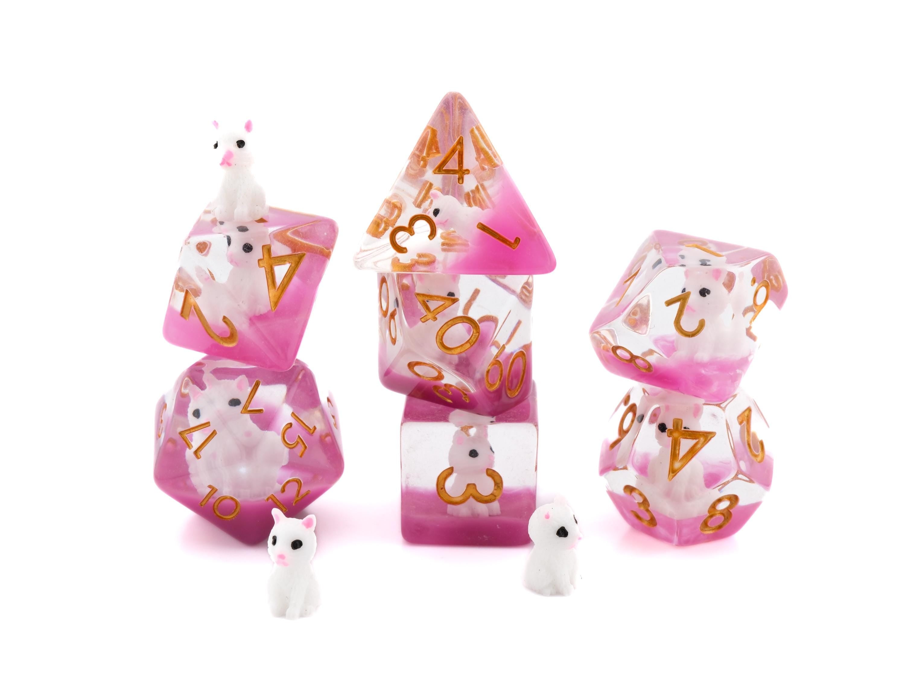 Cat Resin DnD Dice Set: 7 Piece Feline RPG Dice